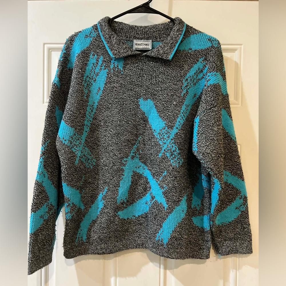 Renaissance Sweater with Teal Brushstroke Pattern